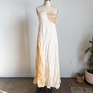 $319 NWT Lusana “Harlow” Contrast Maxi Linen Dress in Chalk/Champagne Sz Small
